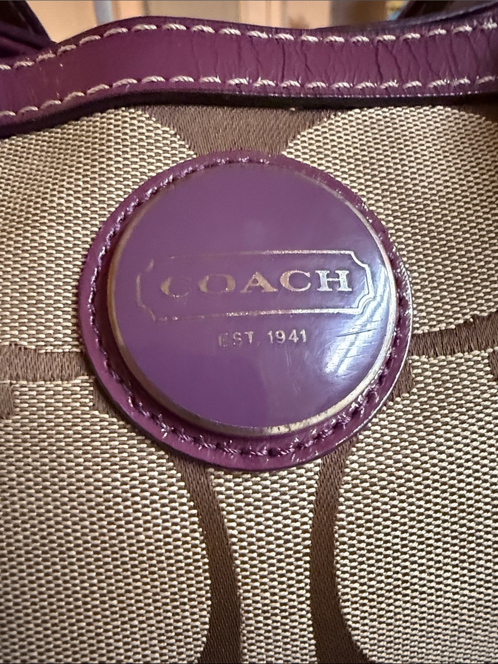 Coach Beige Signature Canvas Tote with Purple Trim - Picture 8 of 12